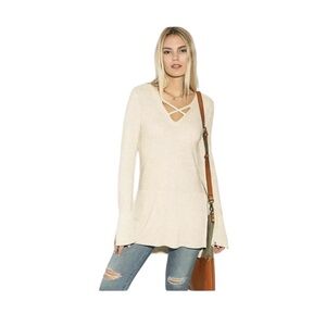 Free People Crisscross Front L/S High Low Tunic Sweater Rayon Blend Medium